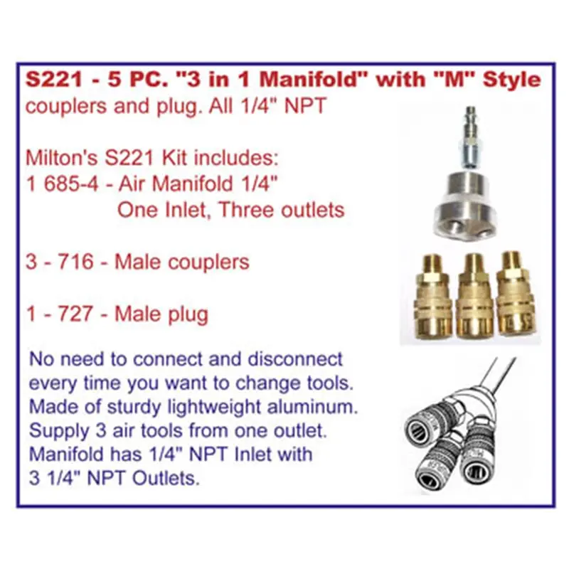 5 Pc M Style 3 N 1 Manifold Kt Mils221 Milton Industries 1