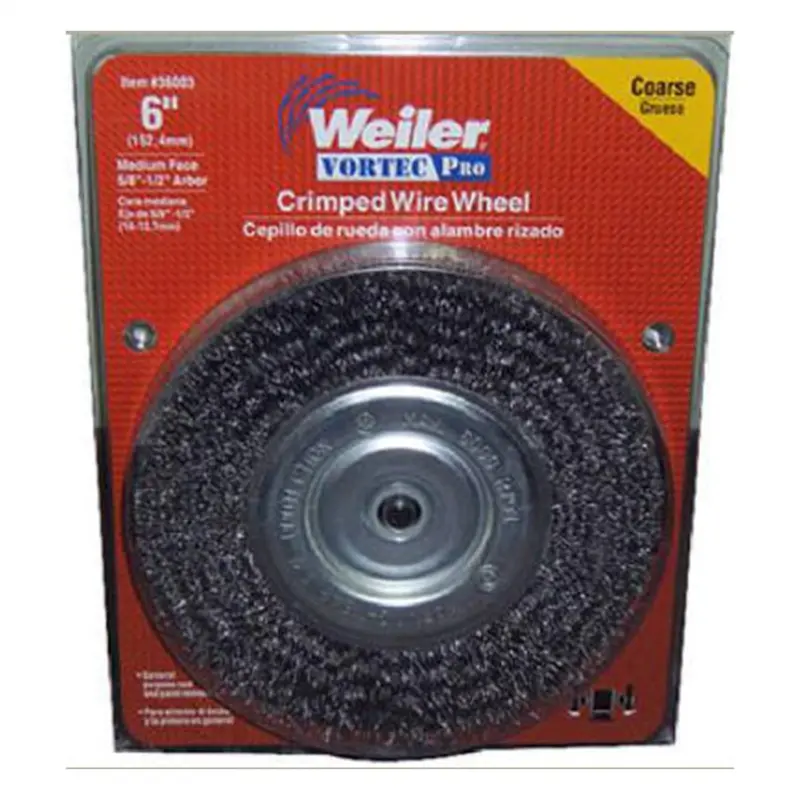 Bench Grinder Wire Wheel, 6" Diameter, Coarse Crimped Wire, Medium Face, 5/8" To 1/2" Arbor Wei36003 Weiler 1