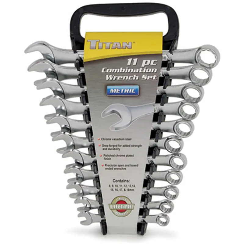 Combination Wrench Set, 11 Piece, 8Mm To 19Mm, Raised Panel, In Storage Rack Tit17328 Titan 1