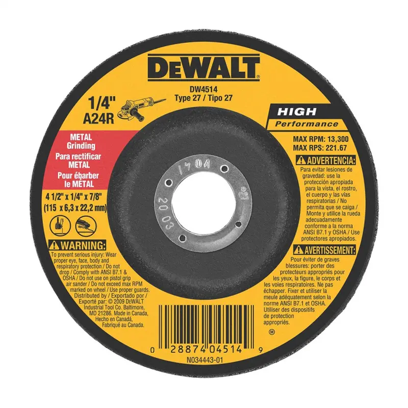 Dewalt 4-1/2" X 1/4" X 7/8" High Performance Metal Grinding Wheel Dwtdw4514 Dewalt 1