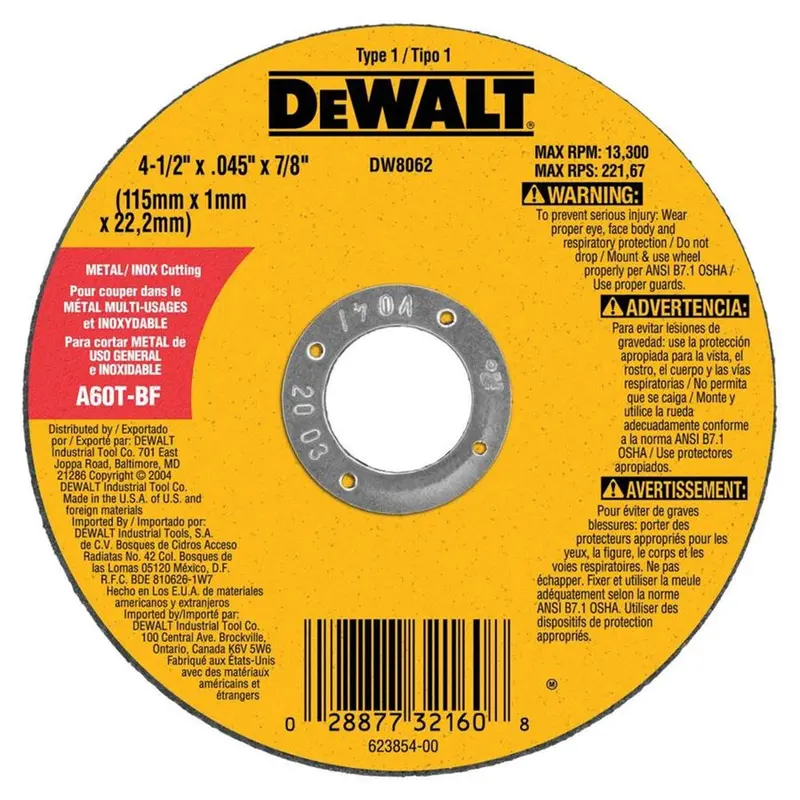 Dewalt 4.5" Hp Type-1 Metal Cutting Wheel (Each) Dwtdw8062 Dewalt 1