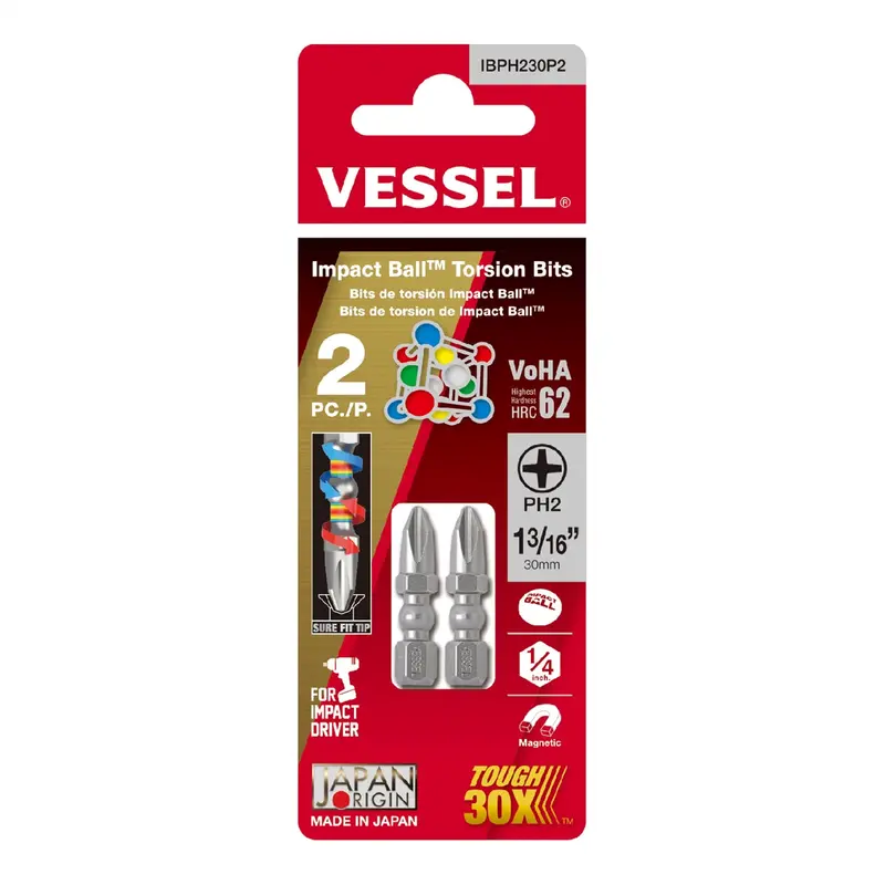 Impact Ball Torsion Bits Ph2x30 2Pc (Carded) Vesibph230p2 Vessel Tool U.S.A Inc 1