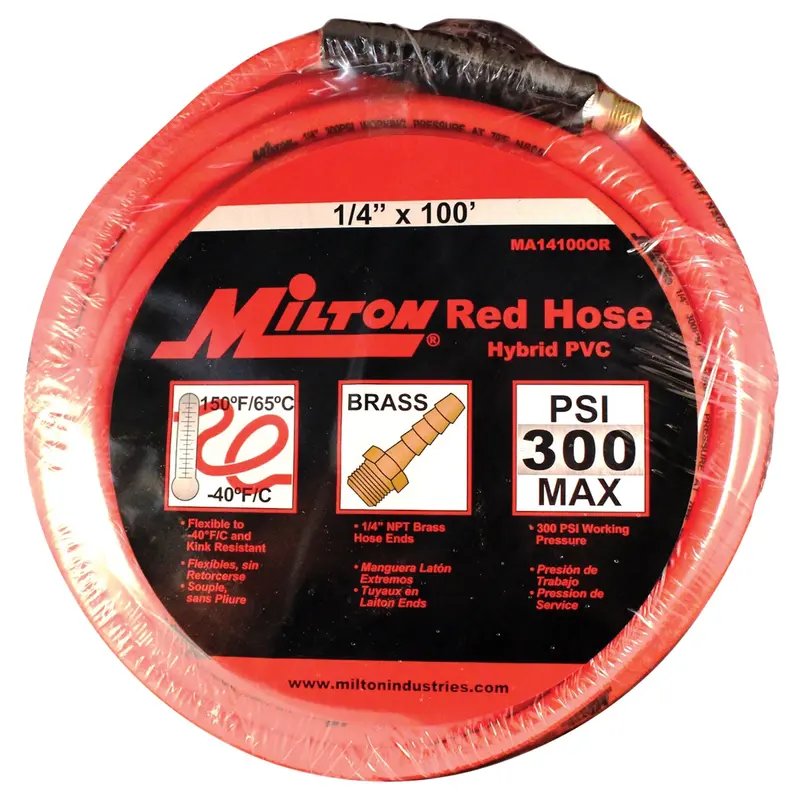 Milton Hybrid Pvc Red Hose 1/4 In. X 100 Ft. W/ 1/4 In. Npt Milma14100or Milton Industries 1