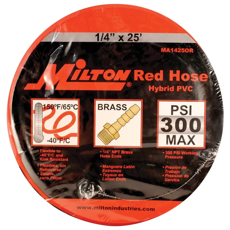 Milton Hybrid Pvc Red Hose, 1/4" X 25' With 1/4" Npt Milma1425or Milton Industries 1