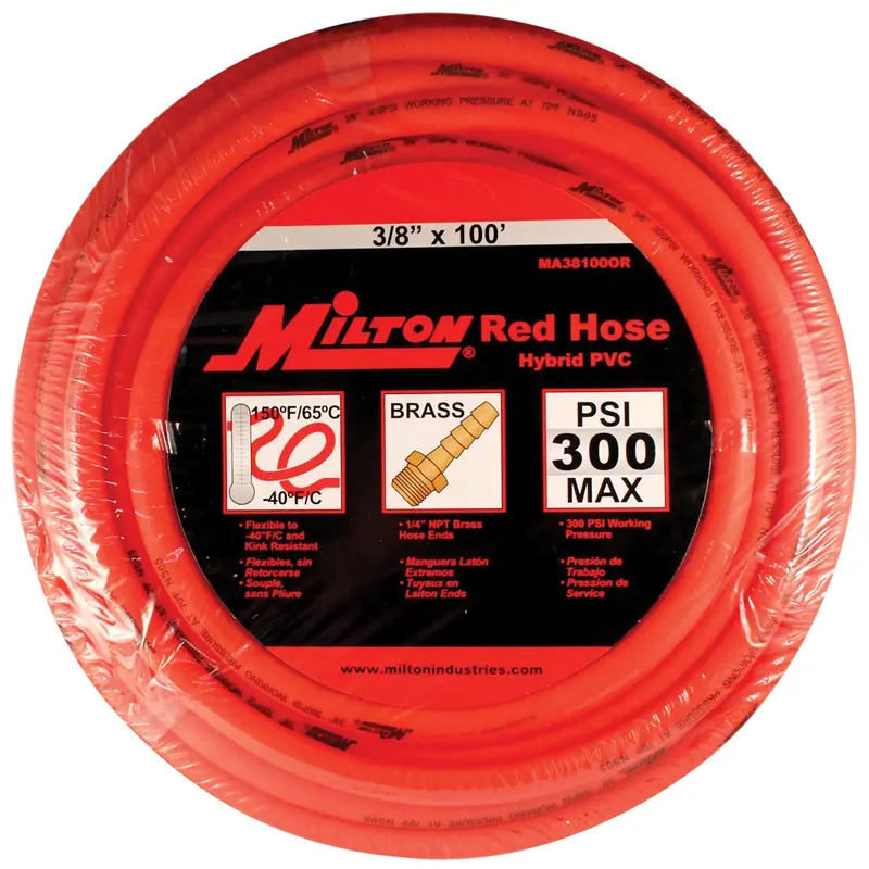 Milton Hybrid Pvc Red Hose 3/8 In. X 100 Ft. W/ 1/4 In. Npt Milma38100or Milton Industries 1