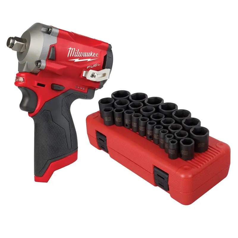 Milwaukee M12 Fuel 1/2 In. Drive Stubby Impact W/ Sunex 26-Piece 1/2 In. Drive Metric Impact Socket Set Sun2645-Mlw2555 Sunex 1