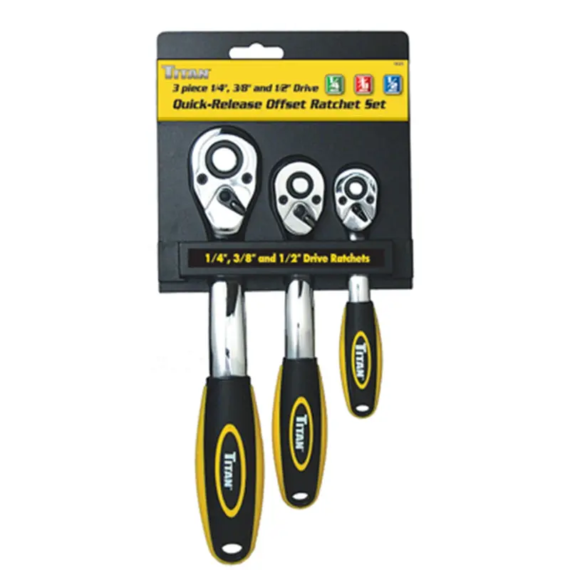 Ratchet Set, 3 Piece, 1/4", 3/8", 1/2" Drive, Quick Release Button, Offset Design, Cushioned Grip Tit18025 Titan 1