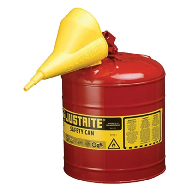 Red Metal Safety Can, Type 1, Five Gallon, With Yellow Plastic Funnel, For Gasoline Jus7150110 Justrite Mfg. Co. 1