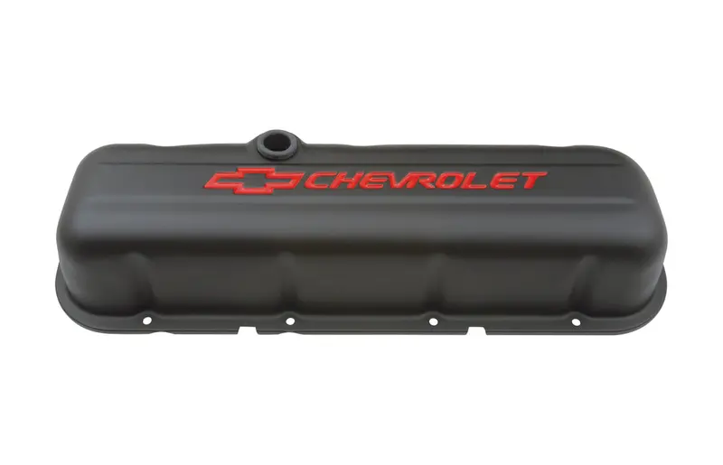 Chevrolet Performance Stamped Steel Tall Valve Covers – Black Finish With Embossed Red Bowtie Logo For Big Block Chevy Engines 1