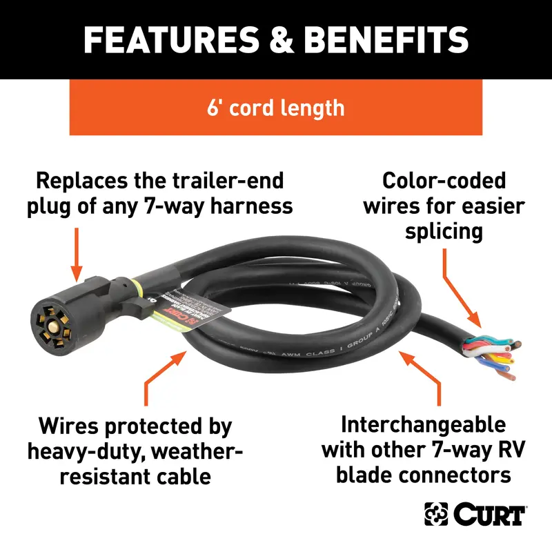 Curt 56601 Replacement 7-Way Rv Blade Connector With 6-Foot Pigtail 1