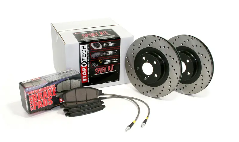 Stoptech Sport Front Brake Kit – Drilled Rotors With Brake Lines (Model 979.42005F) 1