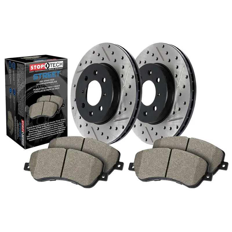 Stoptech Street Front Brake Kit – Drilled & Slotted Rotors With Pads 1